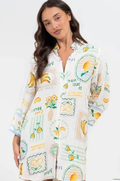 Isadora Mini Dress - Collared Button-Down Shirt Dress with Wide Sleeves in Limone Print><noscript><img width=