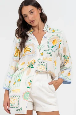 Isadora Mini Dress - Collared Button-Down Shirt Dress with Wide Sleeves in Limone Print><noscript><img width=