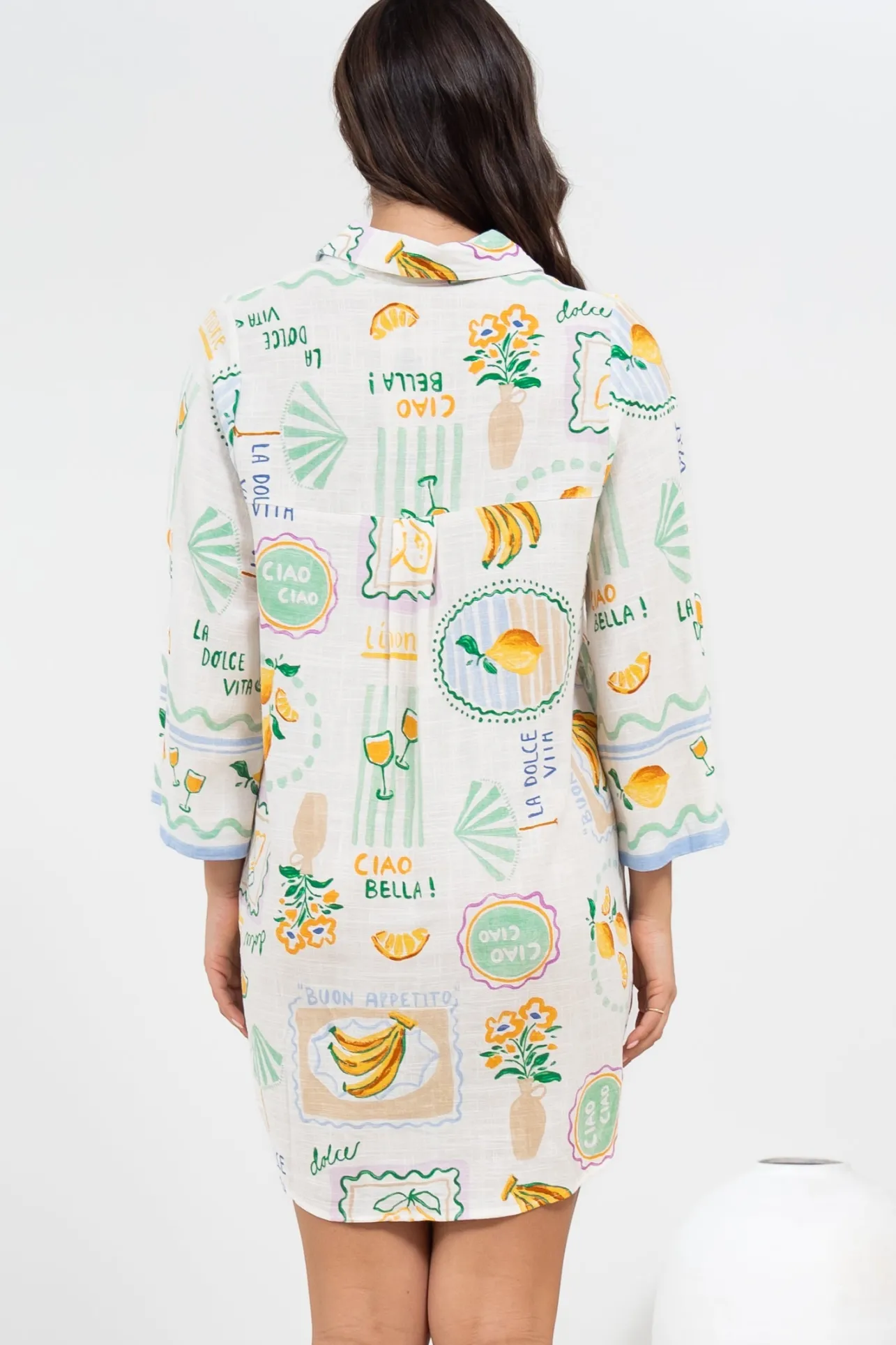 Isadora Mini Dress - Collared Button-Down Shirt Dress with Wide Sleeves in Limone Print>Salty Crush Clearance
