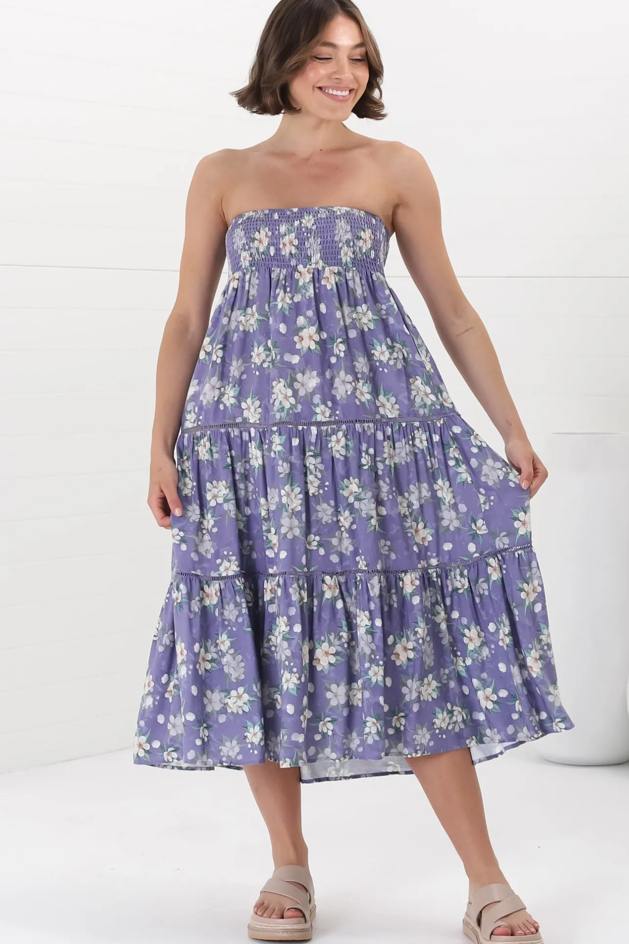 Ishaka Maxi Skirt/Midi Dress - Shirred Waistband Tiered Skirt or Dress in Floral Print>Salty Crush Hot