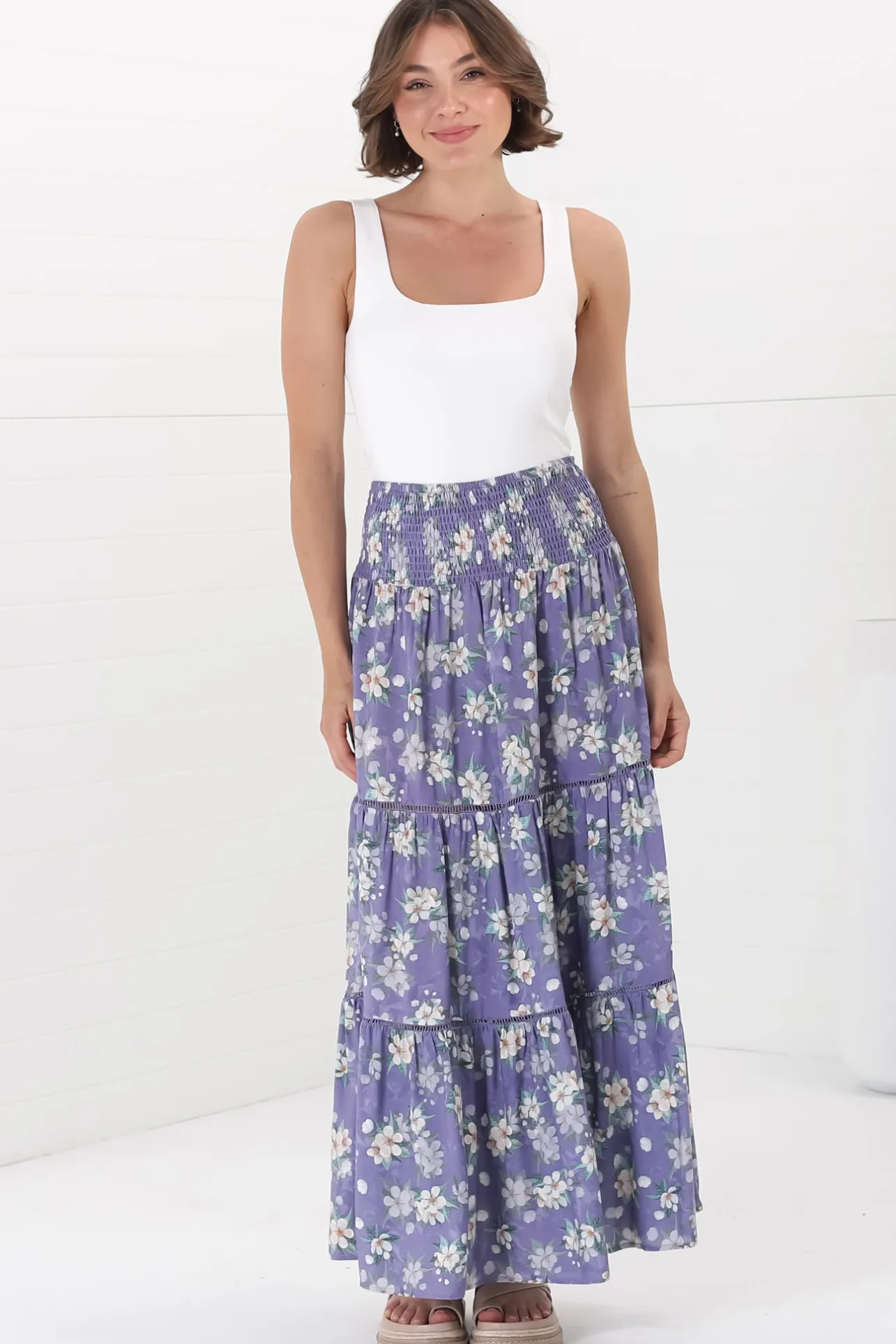 Ishaka Maxi Skirt/Midi Dress - Shirred Waistband Tiered Skirt or Dress in Floral Print>Salty Crush Hot