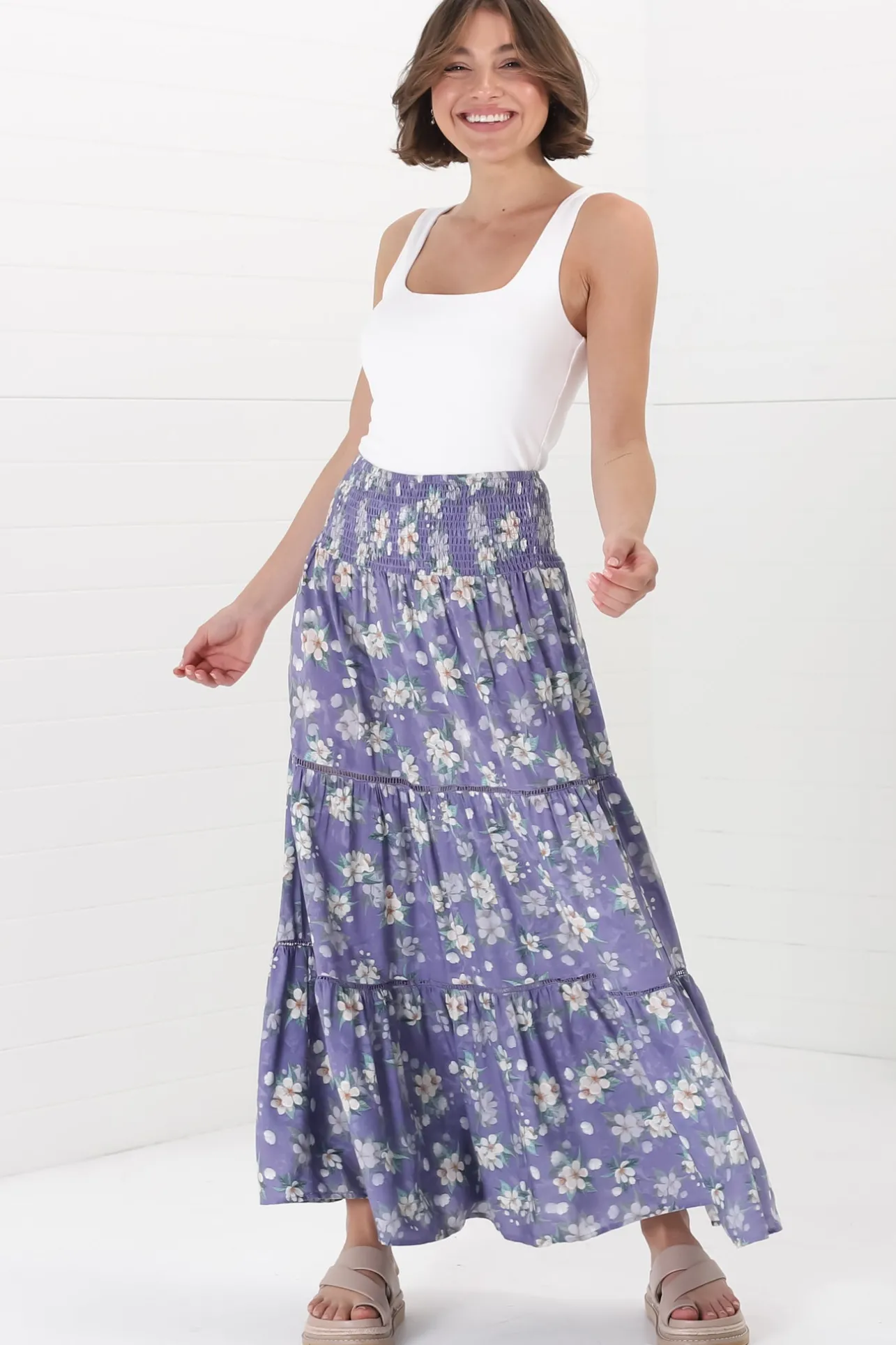 Ishaka Maxi Skirt/Midi Dress - Shirred Waistband Tiered Skirt or Dress in Floral Print>Salty Crush Hot