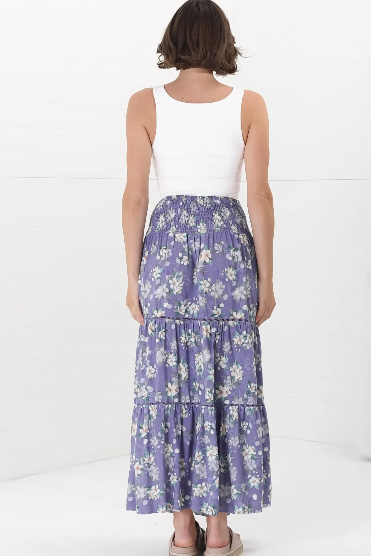 Ishaka Maxi Skirt/Midi Dress - Shirred Waistband Tiered Skirt or Dress in Floral Print>Salty Crush Hot