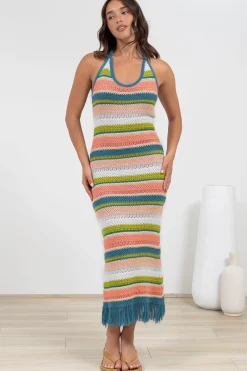 Izumi Maxi Dress - Halter Neck Knit Dress with Tassel Hemline in Rainbow><noscript><img width=