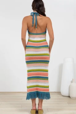 Izumi Maxi Dress - Halter Neck Knit Dress with Tassel Hemline in Rainbow><noscript><img width=