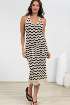 Izumi Maxi Dress - Halter Neck Knit Dress with Tassel Hemline in Black/Cream><noscript><img width=