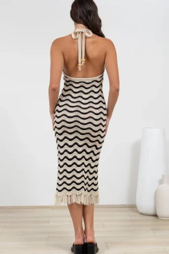 Izumi Maxi Dress - Halter Neck Knit Dress with Tassel Hemline in Black/Cream><noscript><img width=