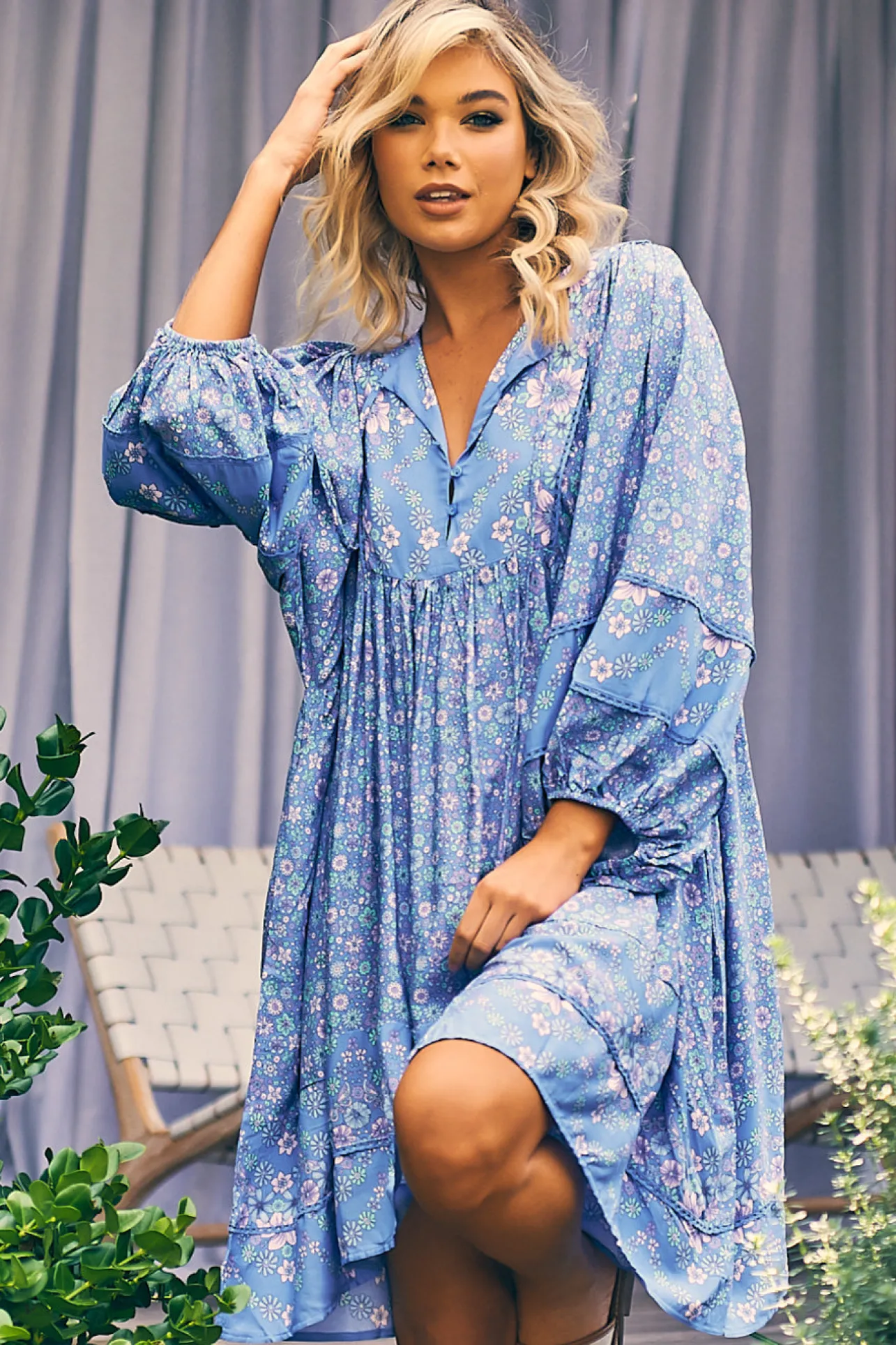 - Adela Mini Dress: Oversized Smock Dress with Batwing Sleeves in Butterfly Fields Print>Jaase New