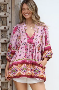 - Boheme Blouse: Thick Collar Smock Blouse in Lost Tribe Print><noscript><img width=