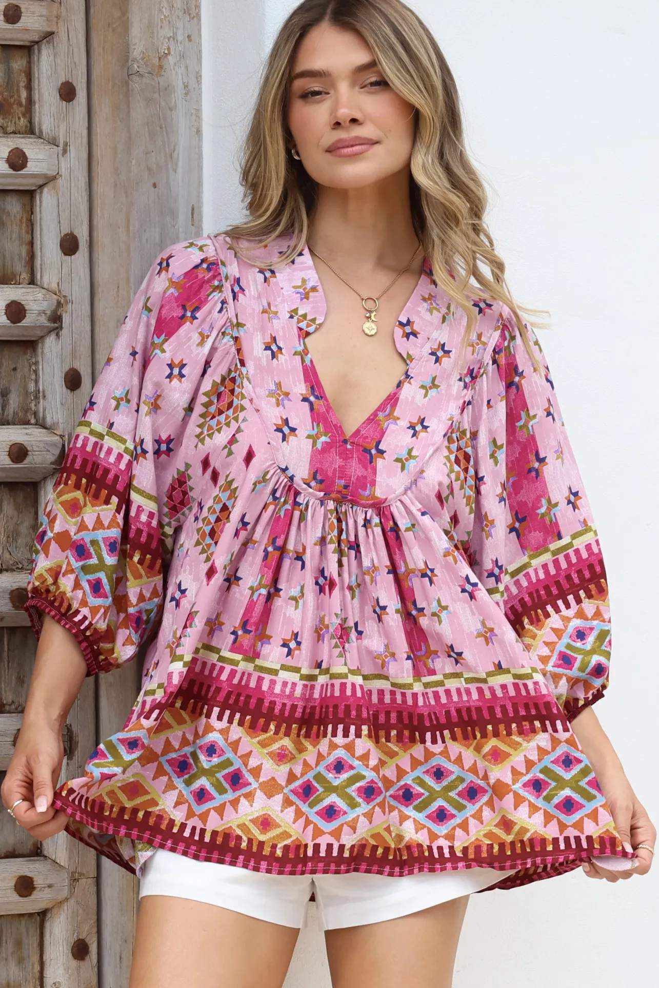 - Boheme Blouse: Thick Collar Smock Blouse in Lost Tribe Print>Jaase Sale