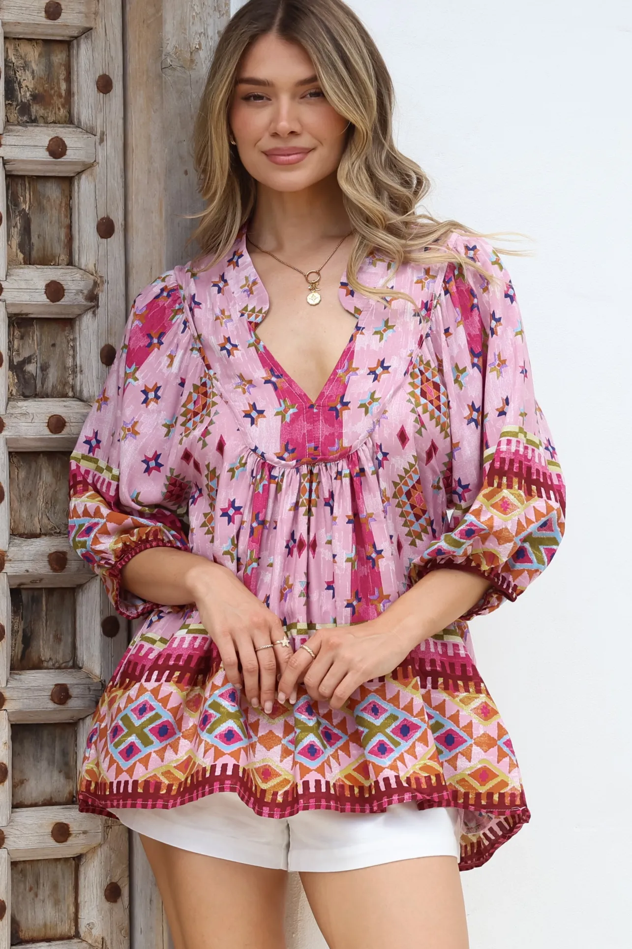 - Boheme Blouse: Thick Collar Smock Blouse in Lost Tribe Print>Jaase Sale