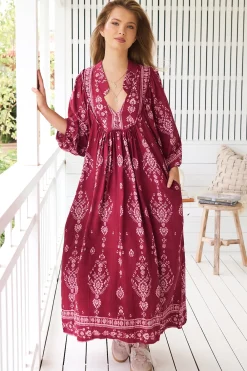 - Boheme Midi Dress: Piping Defined Bust 3/4 Sleeve Smock Dress in Rhubarb Kiva Print>Jaase Best
