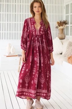 - Boheme Midi Dress: Piping Defined Bust 3/4 Sleeve Smock Dress in Rhubarb Kiva Print><noscript><img width=