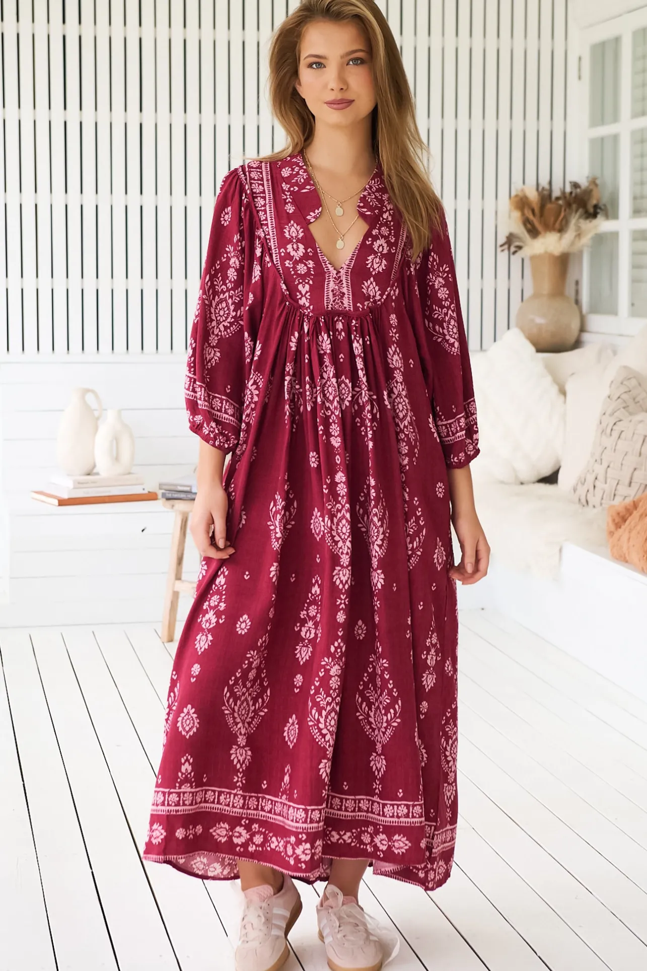 - Boheme Midi Dress: Piping Defined Bust 3/4 Sleeve Smock Dress in Rhubarb Kiva Print>Jaase Best