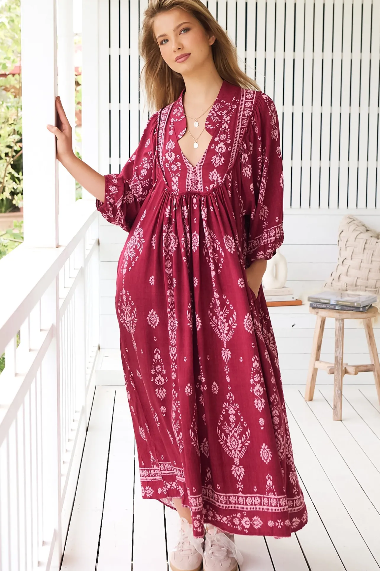 - Boheme Midi Dress: Piping Defined Bust 3/4 Sleeve Smock Dress in Rhubarb Kiva Print>Jaase Best