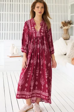 - Boheme Midi Dress: Piping Defined Bust 3/4 Sleeve Smock Dress in Rhubarb Kiva Print><noscript><img width=