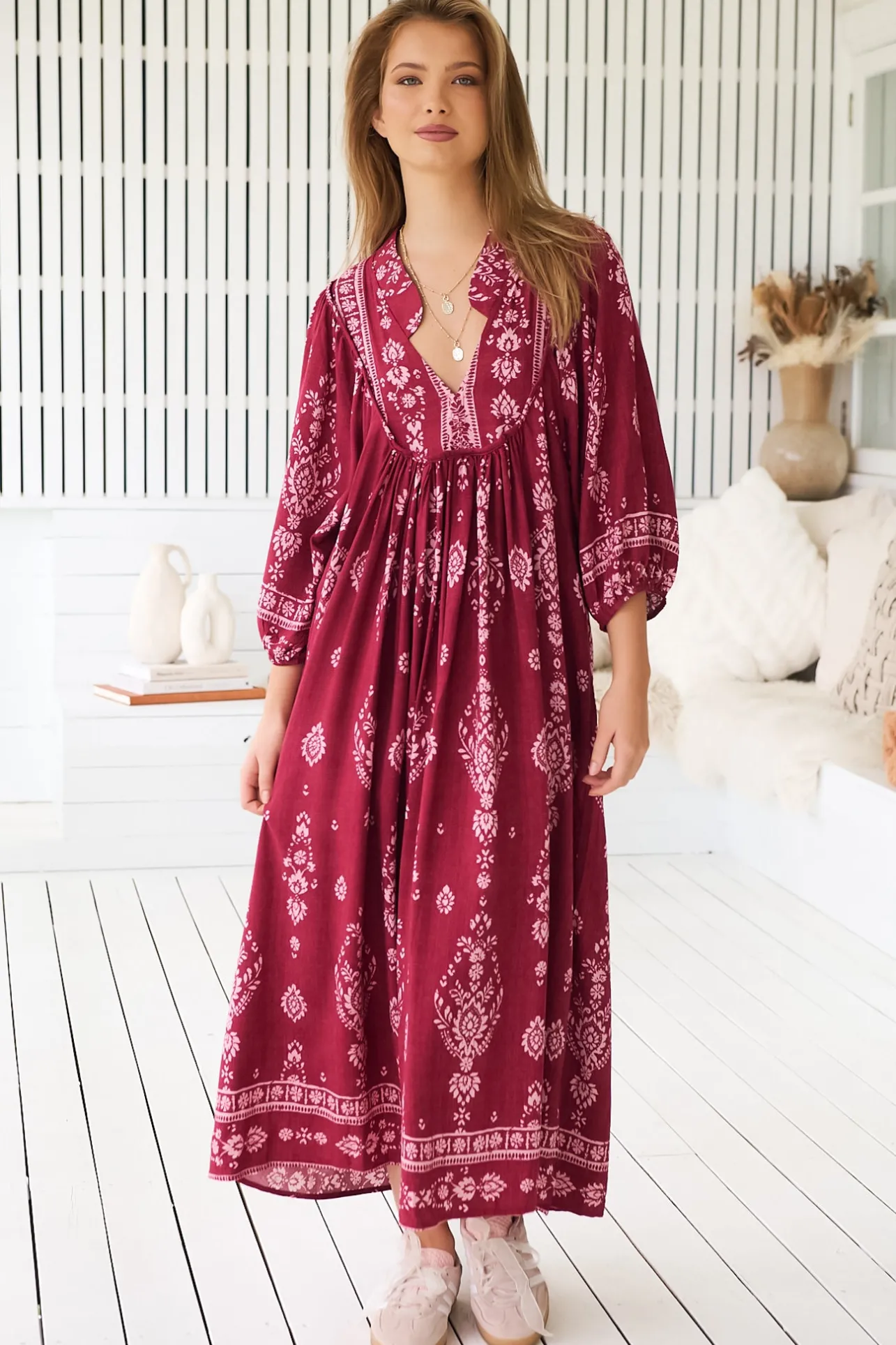 - Boheme Midi Dress: Piping Defined Bust 3/4 Sleeve Smock Dress in Rhubarb Kiva Print>Jaase Best