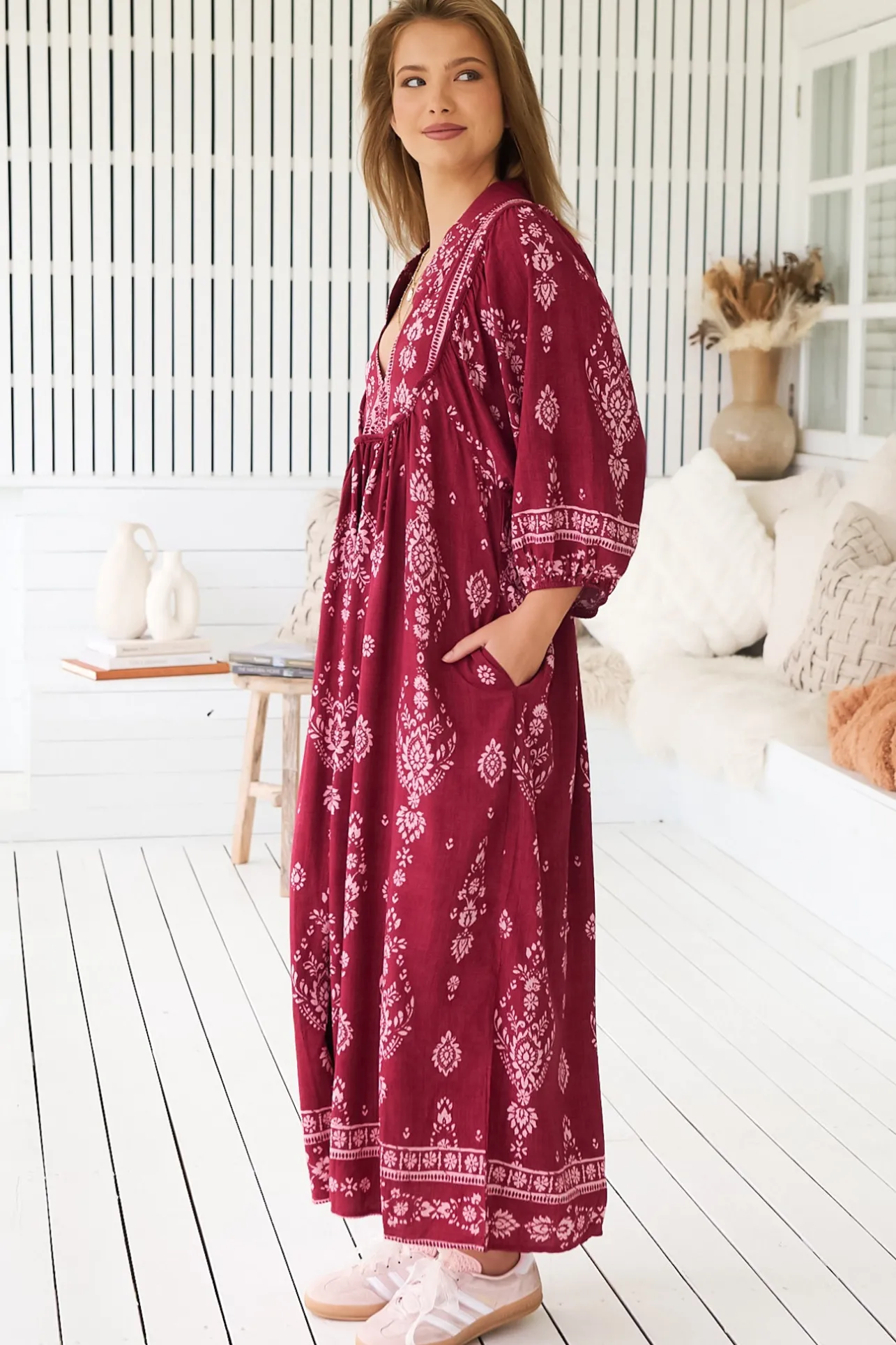 - Boheme Midi Dress: Piping Defined Bust 3/4 Sleeve Smock Dress in Rhubarb Kiva Print>Jaase Best