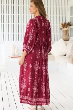 - Boheme Midi Dress: Piping Defined Bust 3/4 Sleeve Smock Dress in Rhubarb Kiva Print><noscript><img width=