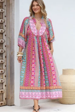 JAASE - Boheme Midi Dress: Piping Defined Bust Slimline Smock Dress in Cedella Print>Salty Crush Outlet