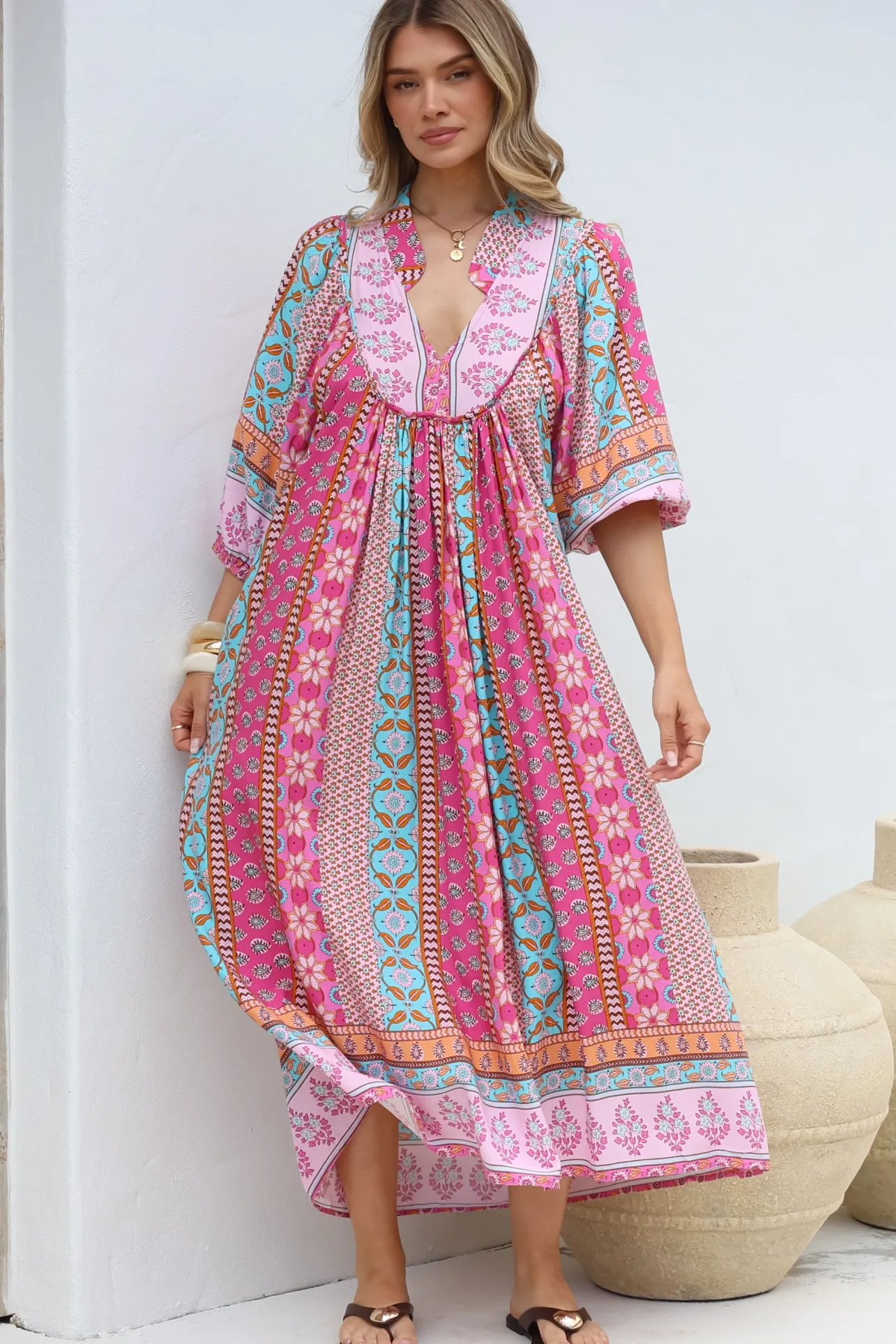 JAASE - Boheme Midi Dress: Piping Defined Bust Slimline Smock Dress in Cedella Print>Salty Crush Outlet