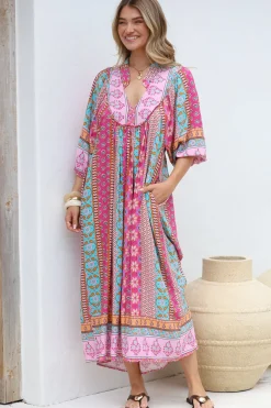 JAASE - Boheme Midi Dress: Piping Defined Bust Slimline Smock Dress in Cedella Print><noscript><img width=