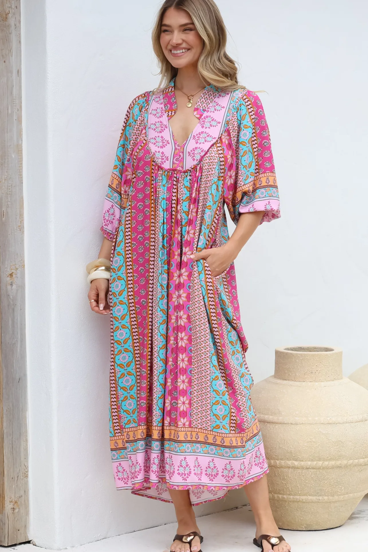 JAASE - Boheme Midi Dress: Piping Defined Bust Slimline Smock Dress in Cedella Print>Salty Crush Outlet
