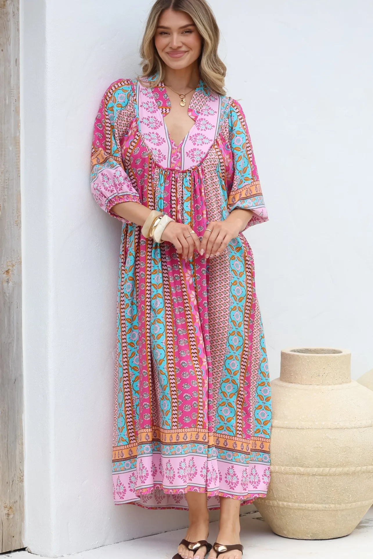 JAASE - Boheme Midi Dress: Piping Defined Bust Slimline Smock Dress in Cedella Print>Salty Crush Outlet