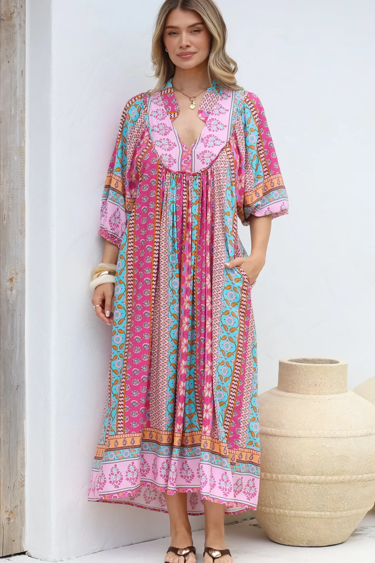 JAASE - Boheme Midi Dress: Piping Defined Bust Slimline Smock Dress in Cedella Print>Salty Crush Outlet