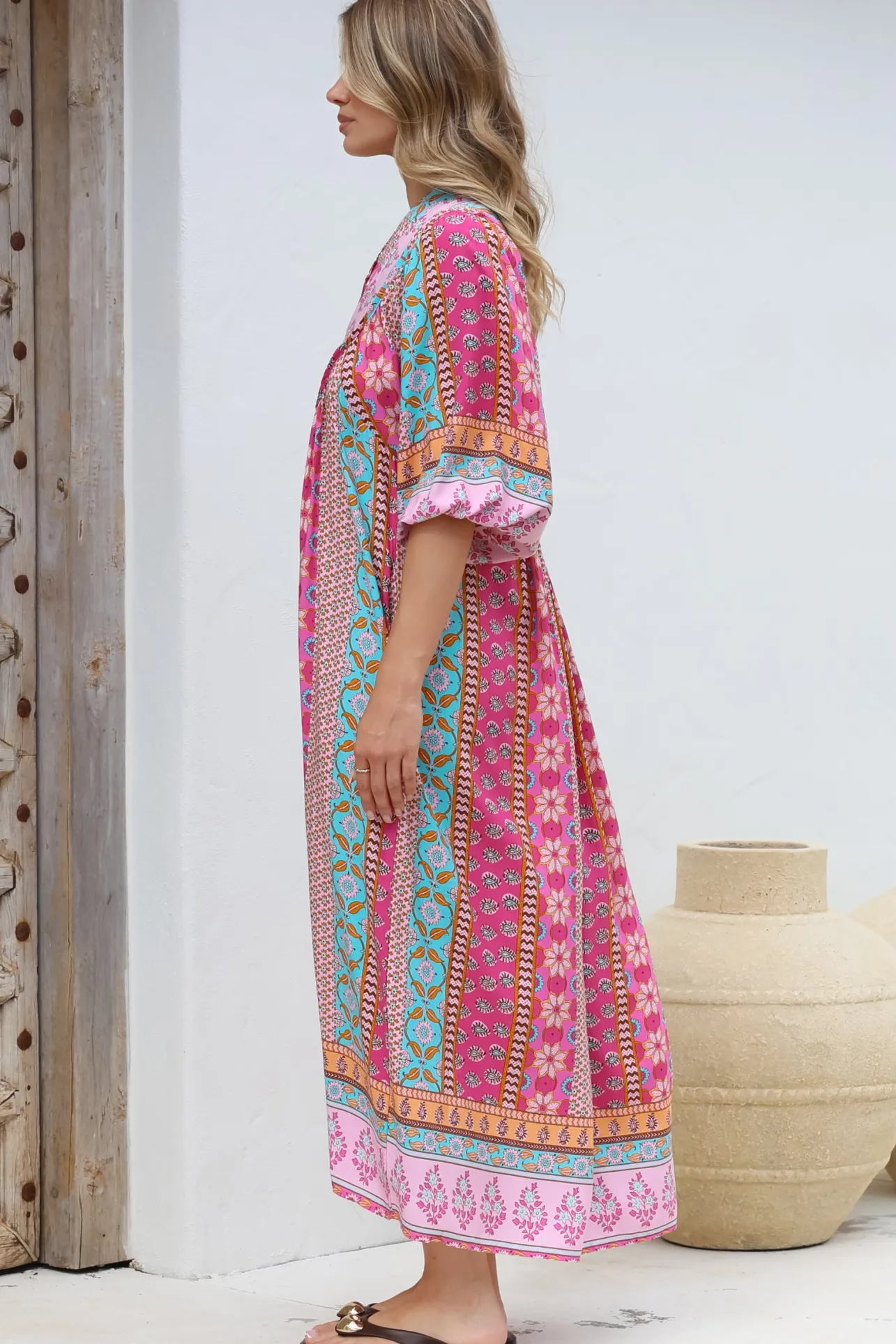 JAASE - Boheme Midi Dress: Piping Defined Bust Slimline Smock Dress in Cedella Print>Salty Crush Outlet