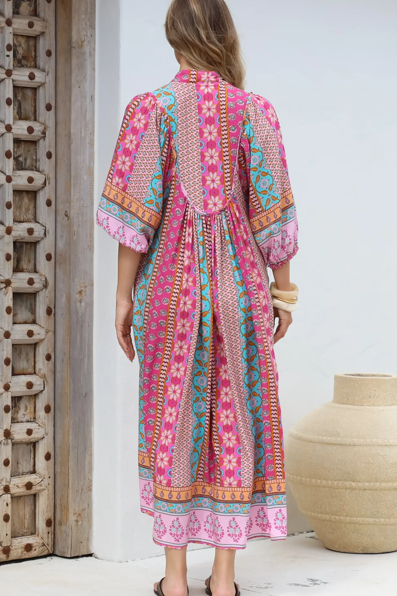 JAASE - Boheme Midi Dress: Piping Defined Bust Slimline Smock Dress in Cedella Print>Salty Crush Outlet