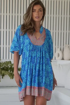 - Boheme Mini Dress: Mandarin Collar Slimline Smock Dress in Take Me On Vacay Print><noscript><img width=