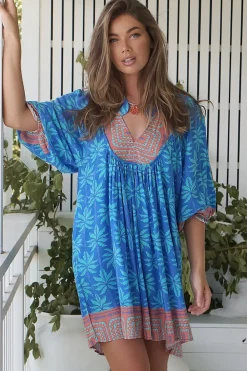 - Boheme Mini Dress: Mandarin Collar Slimline Smock Dress in Take Me On Vacay Print><noscript><img width=