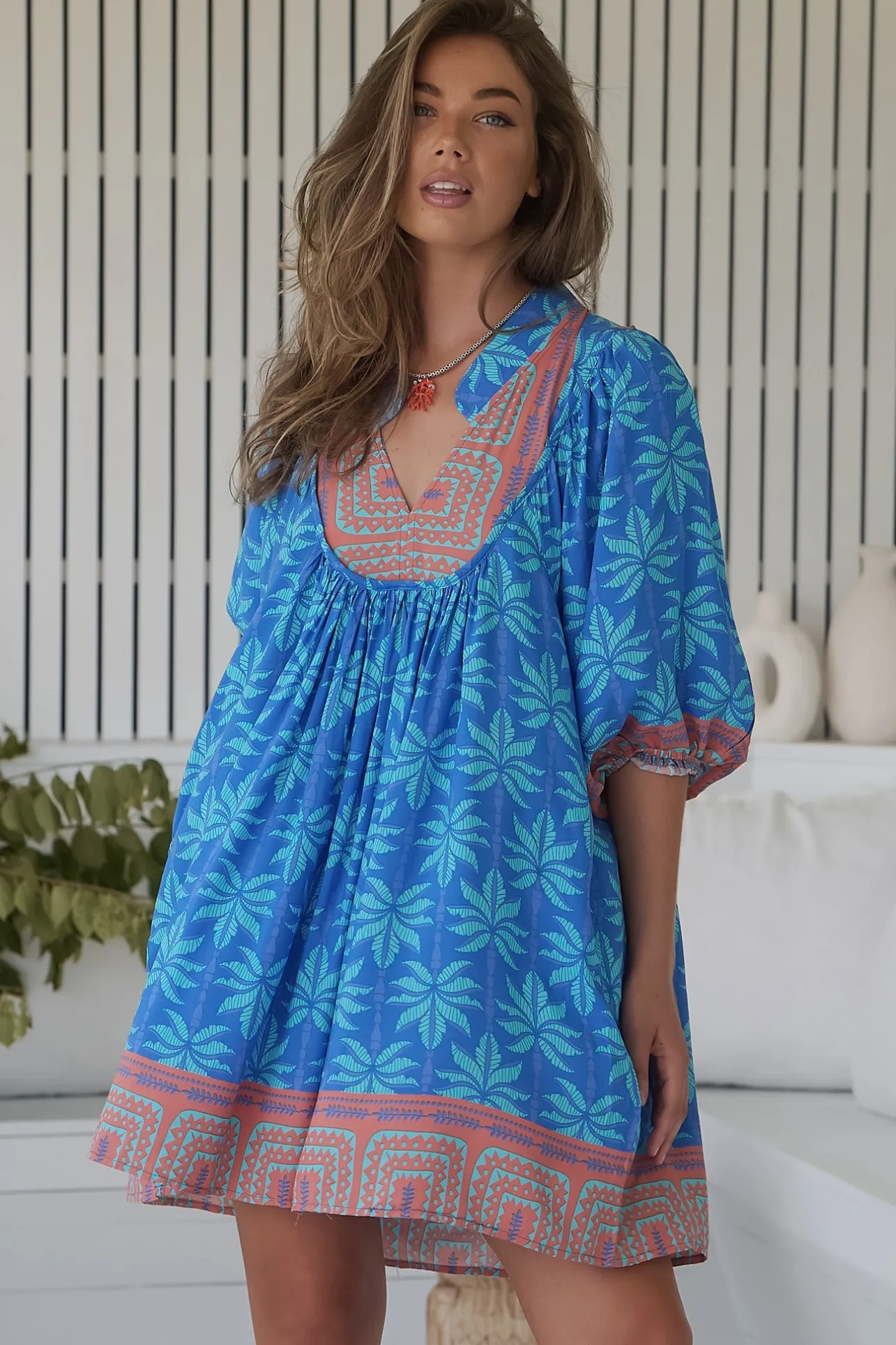 - Boheme Mini Dress: Mandarin Collar Slimline Smock Dress in Take Me On Vacay Print>Jaase