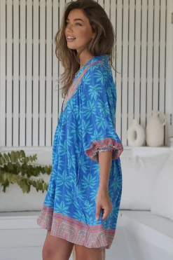 - Boheme Mini Dress: Mandarin Collar Slimline Smock Dress in Take Me On Vacay Print><noscript><img width=