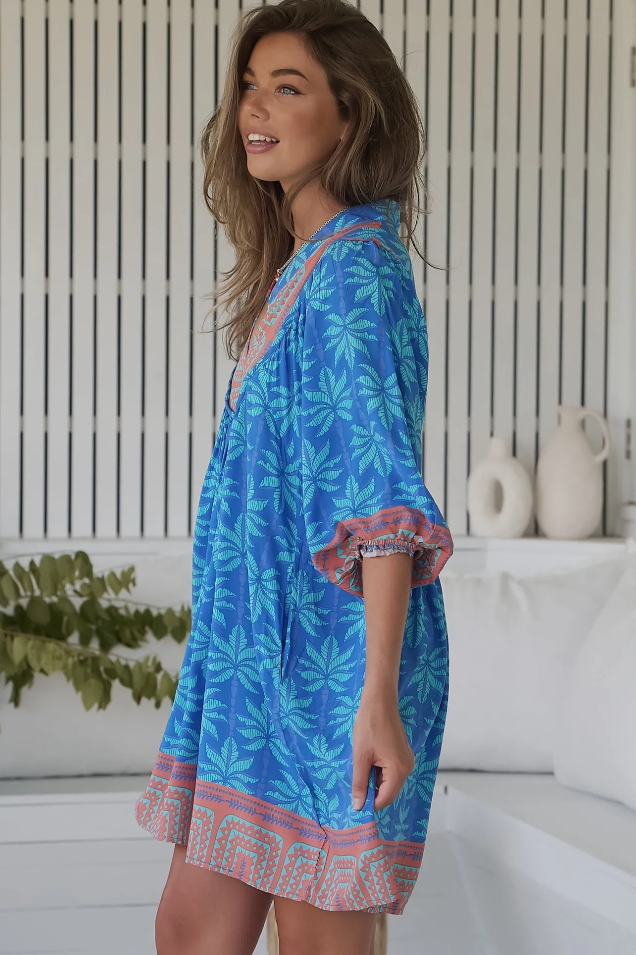 - Boheme Mini Dress: Mandarin Collar Slimline Smock Dress in Take Me On Vacay Print>Jaase