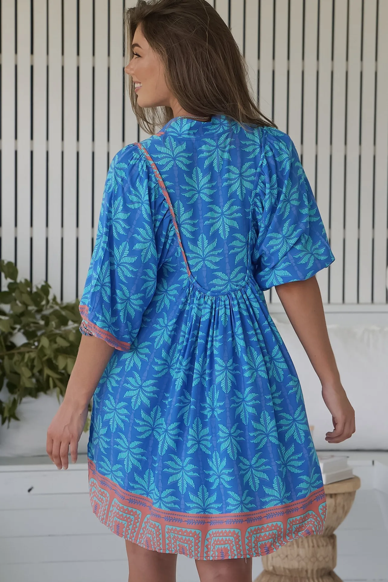 - Boheme Mini Dress: Mandarin Collar Slimline Smock Dress in Take Me On Vacay Print>Jaase