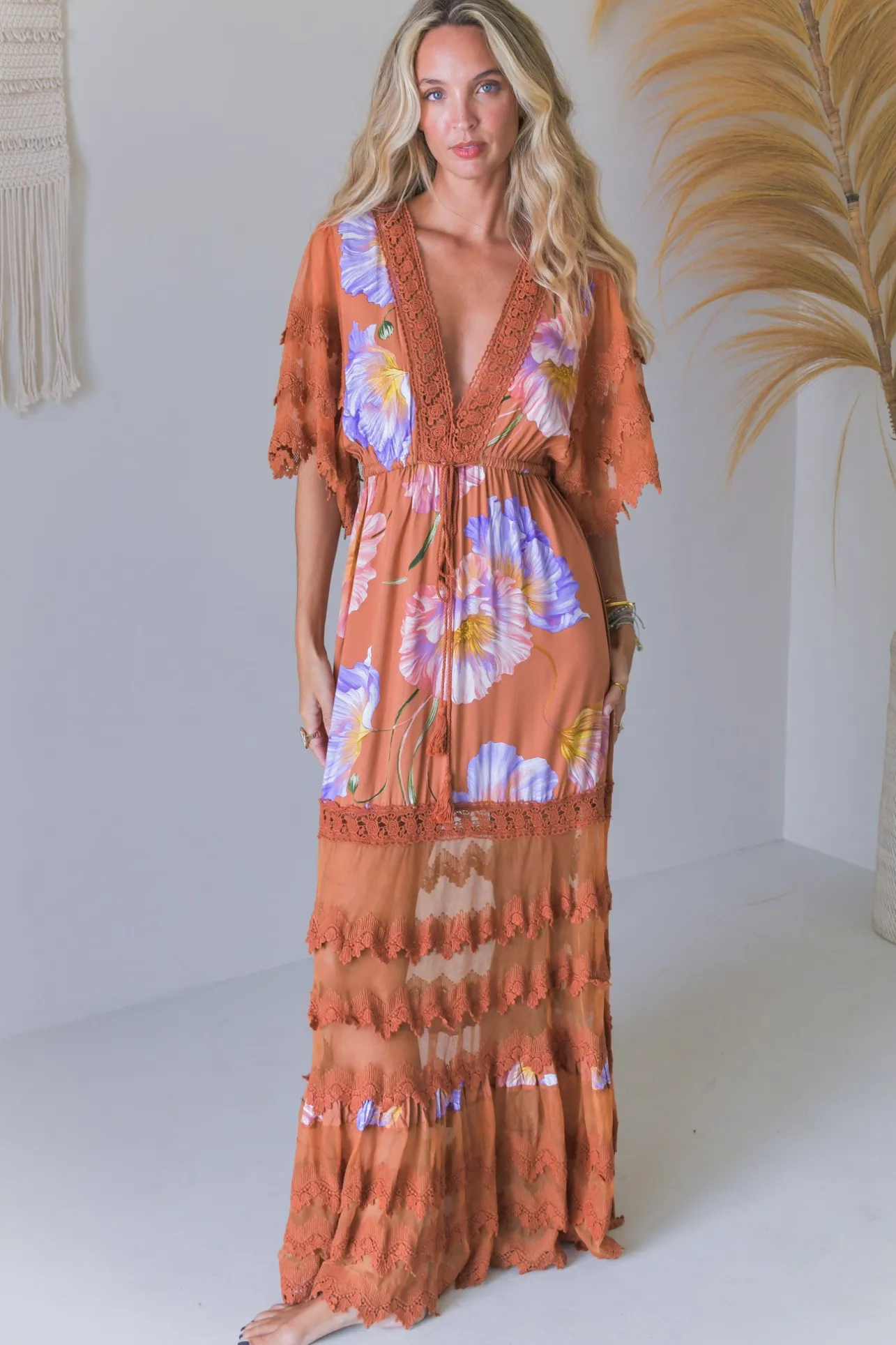 - Bungalow Maxi Dress: Tiered Lace Deep V Neck Dress with Open Batwing Sleeves in Amara Bloom Print>Jaase Clearance