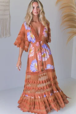 - Bungalow Maxi Dress: Tiered Lace Deep V Neck Dress with Open Batwing Sleeves in Amara Bloom Print>Jaase Clearance