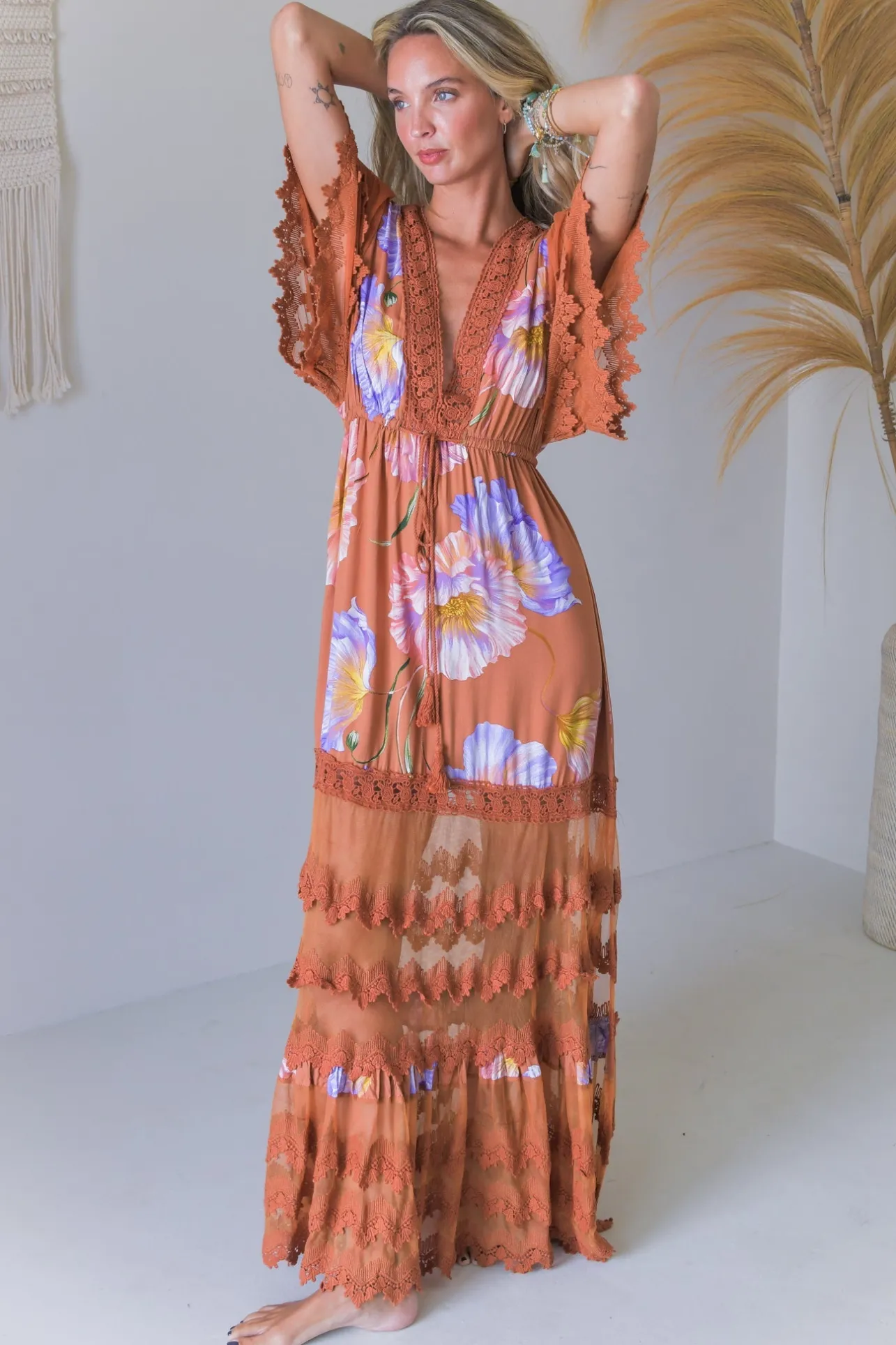 - Bungalow Maxi Dress: Tiered Lace Deep V Neck Dress with Open Batwing Sleeves in Amara Bloom Print>Jaase Clearance