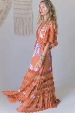- Bungalow Maxi Dress: Tiered Lace Deep V Neck Dress with Open Batwing Sleeves in Amara Bloom Print><noscript><img width=