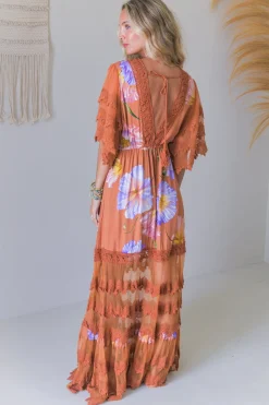 - Bungalow Maxi Dress: Tiered Lace Deep V Neck Dress with Open Batwing Sleeves in Amara Bloom Print><noscript><img width=