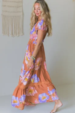 - Carmen Maxi Dress: Butterfly Cap Sleeve Button Down A Line Dress with Lace Trim in Amara Bloom Print><noscript><img width=