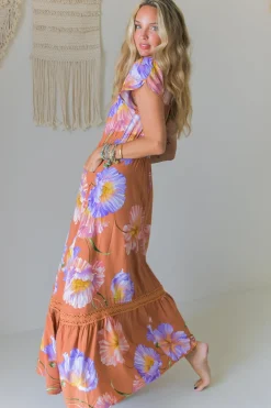- Carmen Maxi Dress: Butterfly Cap Sleeve Button Down A Line Dress with Lace Trim in Amara Bloom Print><noscript><img width=