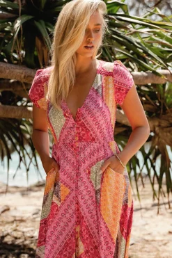 - Carmen Maxi Dress: Butterfly Cap Sleeve Button Down A Line Dress with Lace Trim in Viva Bonita Print><noscript><img width=