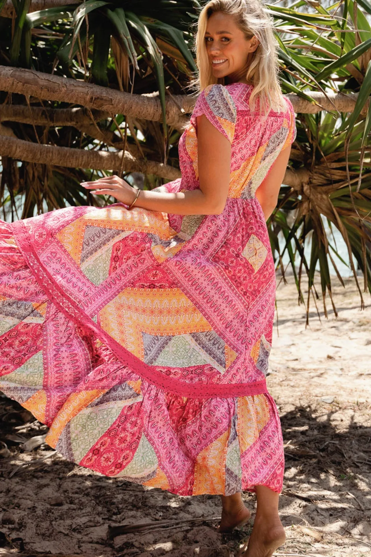 - Carmen Maxi Dress: Butterfly Cap Sleeve Button Down A Line Dress with Lace Trim in Viva Bonita Print>Jaase