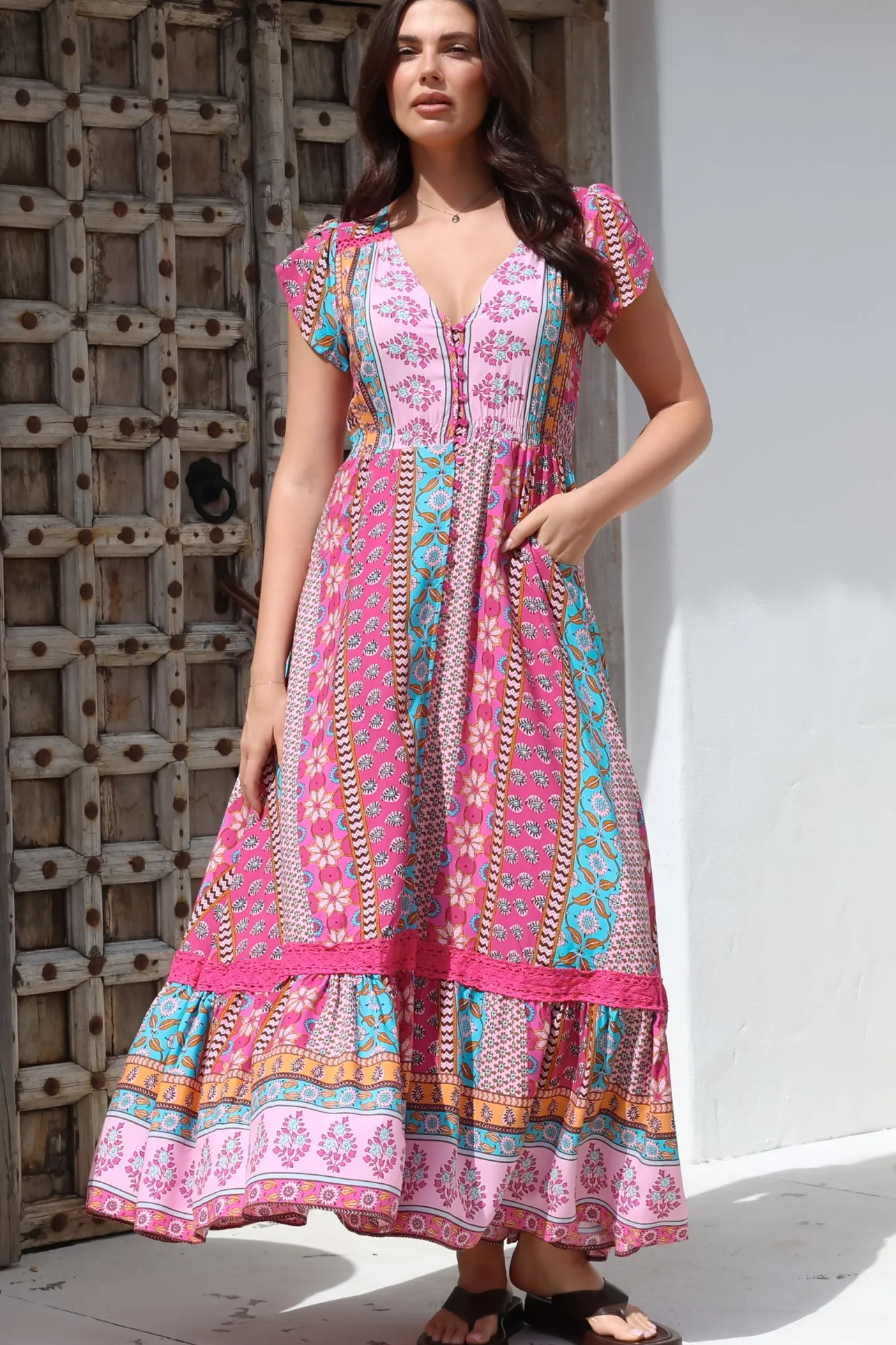 JAASE - Carmen Maxi Dress: Butterfly Cap Sleeve Button Down A Line Dress with Lace Trim in Cedella Print>Salty Crush Discount