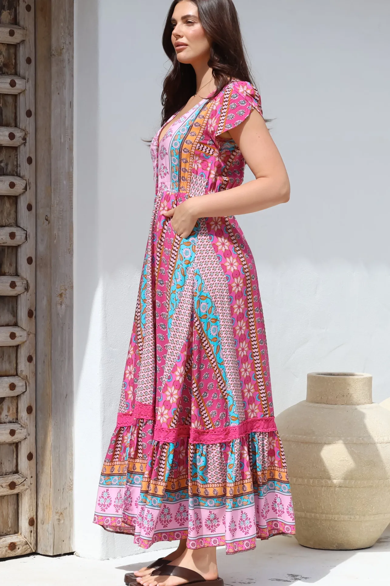 JAASE - Carmen Maxi Dress: Butterfly Cap Sleeve Button Down A Line Dress with Lace Trim in Cedella Print>Salty Crush Discount
