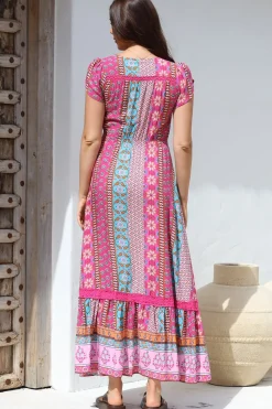 JAASE - Carmen Maxi Dress: Butterfly Cap Sleeve Button Down A Line Dress with Lace Trim in Cedella Print><noscript><img width=