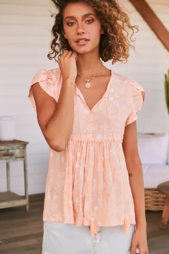 - Ella Top: Butterfly Cap Sleeve Smock Top with Neck Tie in Peach Island Print><noscript><img width=